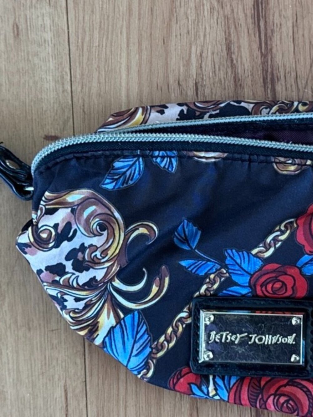 Betsey Johnson Cosmetic Bag Makeup Large Ruffle Cheetah Floral Black Purse